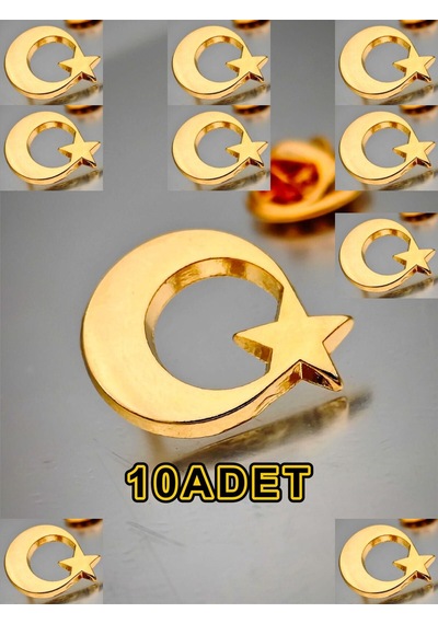 Yörük Tasarım 10 Adet Ay Yıldız Yaka Rozeti Altın Kaplama Gümüş