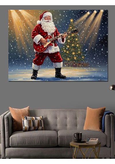Gitar Çalan Noel Baba Figürü Dekoratif Kanvas - Mdf Ahşap Tablo