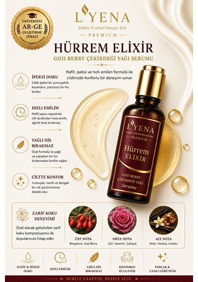 Lyena Premium Hürrem Elixir Goji Berry Yağı Yüz Bakım Serumu 50 Ml Hızlı Emilim Yağlı His Bırakmayan Serum