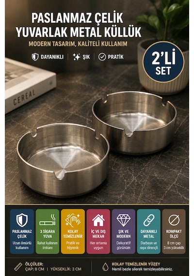 2'li Set Paslanmaz Çelik Metal Küllük 8 Cm Yuvarlak Masaüstü Küllük Mat Gümüş Dekoratif Modeli
