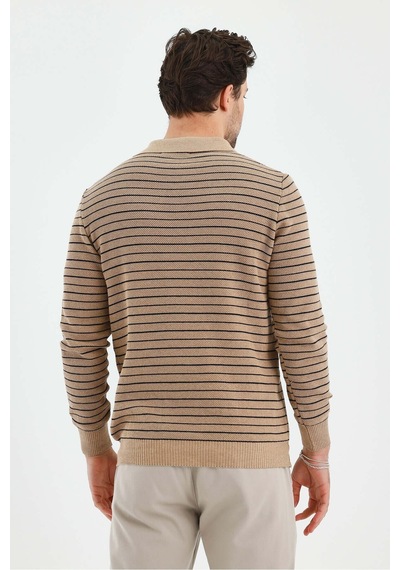 Cool Tarz Erkek Patlı Slim Fit Çizgi Detaylı Uzun Kollu Polo Yaka Triko Kazak Taş Taş