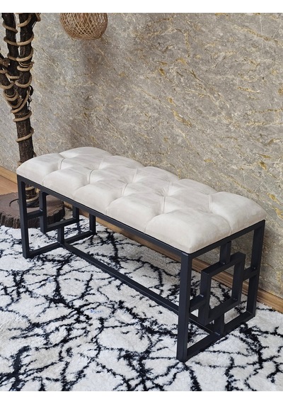 Zafir Siyah Boyalı İçi Kareli Diktörtgen 100 Cm X 40 Cm Oturak Puf - Bench - Makyaj Oturağı - Oturak Krem
