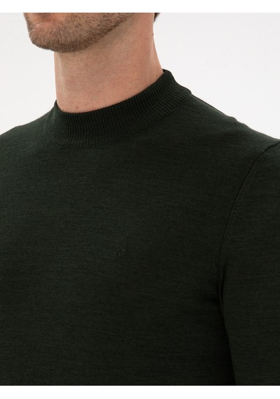 Cacharel Koyu Yeşil Slim Fit Yün Karışımlı Çeyrek Balıkçı Basic Triko Kazak Yesıl