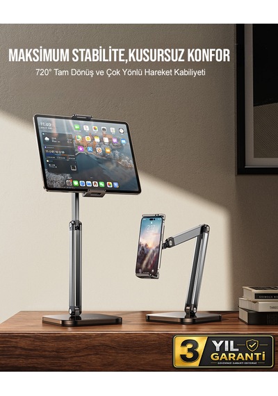 İpad Uyumlu Tablet Ve Telefon Tutucu Metal Masa Kelepçeli 360 Stand