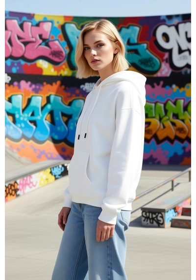 Benerly Kadın Kapüşonlu Düşük Kol Oversize Sweatshirt Fonksiyonel Dayanık Ekru
