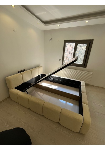 Most Oktagon Bazalı Mdf Karyola 180x200 Bej Bukle Kumaş İşbir Kuştüyü Sünger Evinize Teslim 180 x 200