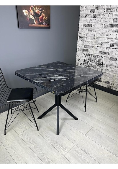 Roma Siyahmermer Mutfak Yemek Masası Balkon Masası Kavisli Köşe Metal Siyah Ayak 80 Cm