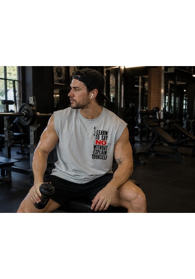 Urbantrendstore Baskılı Premium Sporcu Atleti Gym Tişört %100 Pamuklu Fitness T-shirt Açık Gri