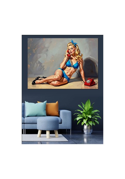 Telefonlu Retro Mavi Bikini Kadın Yağlı Boya Dokulu Kanvas Tablo Canvas Tablosu