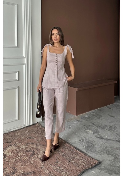 Moderie Butik Şantuk Keten Yelek Görünümlüaskılı Bluz - Pantolon Tk - Lila Lila
