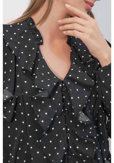Bigdart Kadın Fırfır Detaylı Uzun Kol Puantiyeli Gömlek 40031 - A.siyah