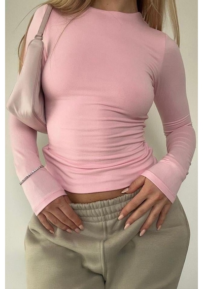 Madmext Pembe Bisiklet Yaka Basic Uzun Kollu Bluz Mg1701