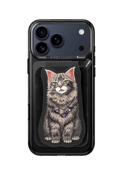 Manyetik Standlı İphone 18 Pro Max Uyumlu 3d Nakışlı Kedili Değiştirilebilir Kartlıklı Kılıf Siyah
