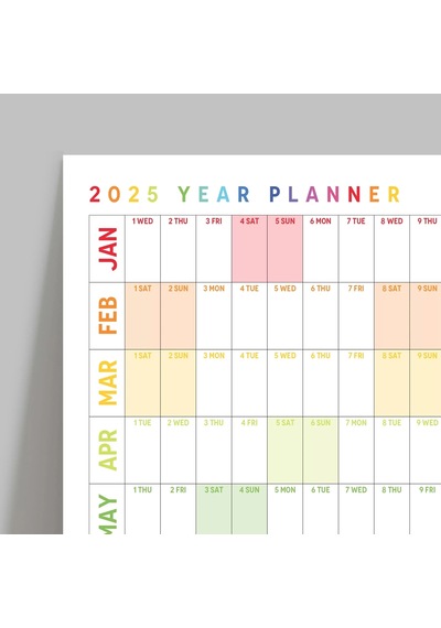 2027 Yıllık Planlayıcı Duvar Takvimi, Gökkuşağı Renkleri, Rainbow, Yatay Çok Renkli