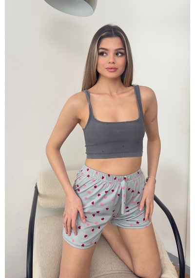 Giysa Kadın Beli Lastikli Kalp Desenli Pijama Altı Şort Gri - 26y 2602