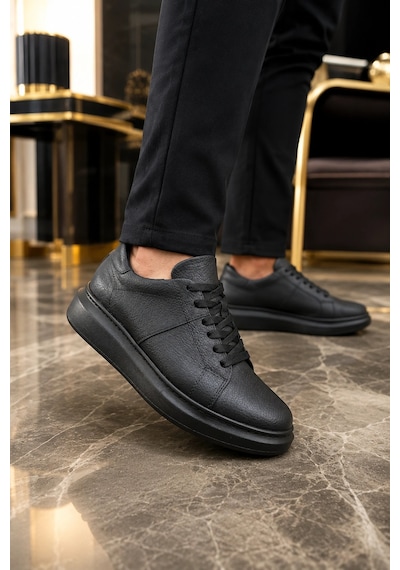 Mevese Tsoob Bağcıklı Cilt Erkek Günlük Rahat Taban Sneaker Ayakkabı - Siyah