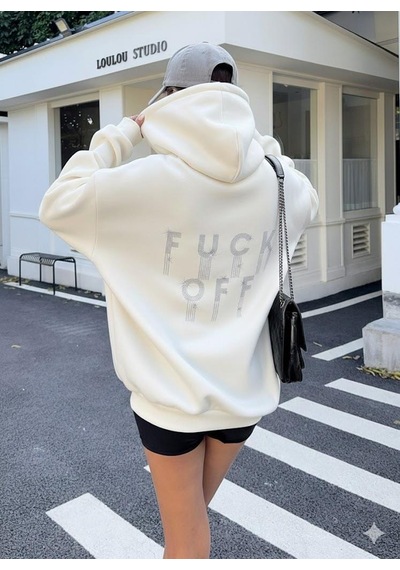 Afri Kadın Ekru Oversize Kapüşonlu Sweatshirt Taş Detaylı F Ck Off Yazılı Rahat Günlük Kapüşonlu Üst Ekru
