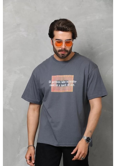 Assema Erkek Baskılı T-shirt Kısa Kol Bisiklet Yaka Regular Fit Rahat Kalıp Tişört - Füme Çok Renkli