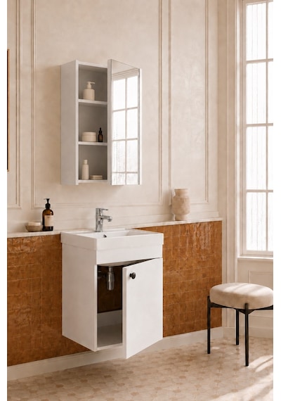 Mimoza 50 Cm, Mdf, Lavabolu, Aynalı Banyo Dolabı Seti, Seramik Lavabo Dahil, Beyaz, Mdf