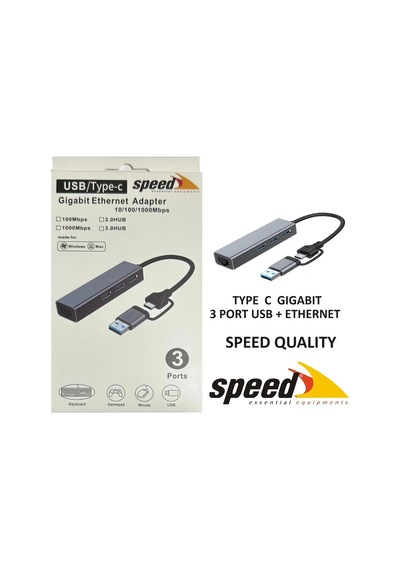 Speed Uet01 10-100-1000 Usb - Type C 3 Port Usb 3.0 Çoklayıcı Gigabit Ethernet Çevirici Kdo