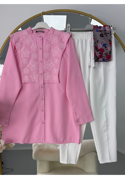 Lovie Moda Kadın Beyaz Pantolonlu Takım - Pembe