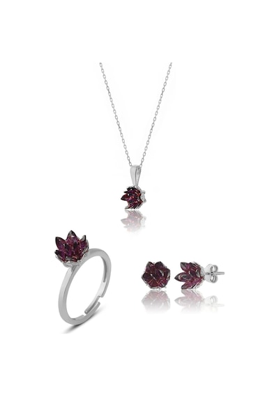Zanaatsilver 925 Ayar Gümüş Ametist Taşlı Lotus Çiçeği Takım & Seti
