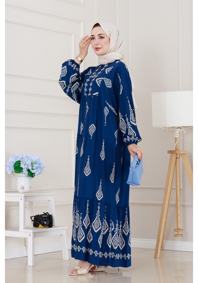 Sevitli Yarım Düğmeli Robalı Eslem Elbise-indigo-5186 İndigo