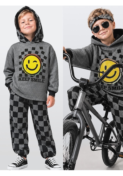 Erkek Çocuk Eşofman Takım Damalı Kalın Kapüşonlü Sweatshirt Eşofman Altı Erkek Çocuk Eşofman Takım Damalı Kalın Kapüşonlü Sweatshirt Eşofman Altı