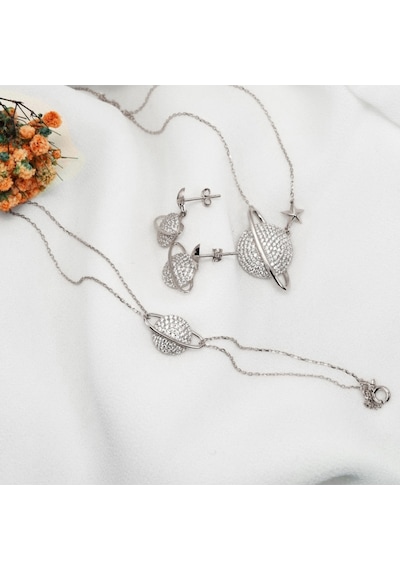 Brezza Lusso Jewelry Gümüş Gezegen Kadın Kolye Küpe Bileklik Seti