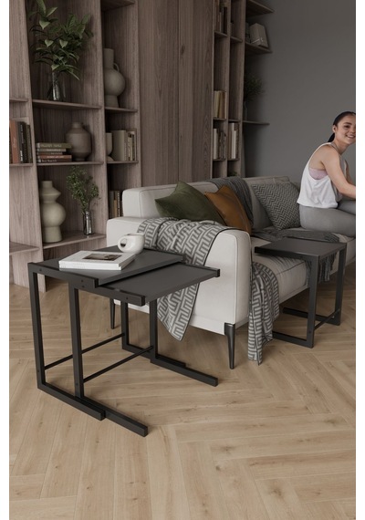 Bronte 3 Lü Zigon Sehpa, Metal Zigon Sehpa Antrasit