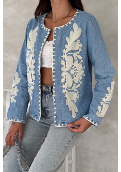 Femelle Kadın Mavi Vintage Nakışlı Kot Denim Ceket Lacivert