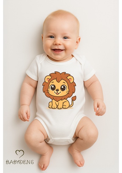 Babyden's %100 Pamuklu Sevimli Hayvan Figürlü Bebek Body Unisex Çıtçıtlı Kısa Kollu Zıbın Aslan Beyaz