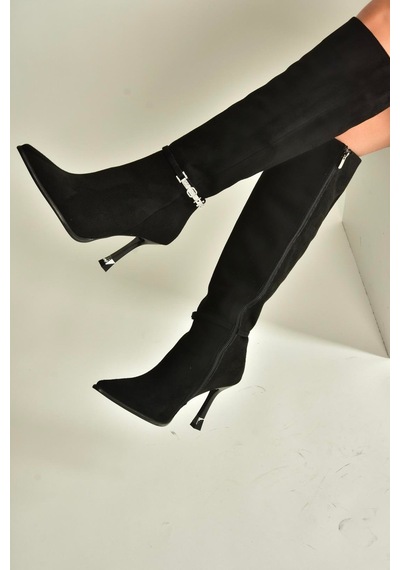 Fox Shoes V820330002 Siyah Süet İnce Topuklu Kadın Çizme Siyah