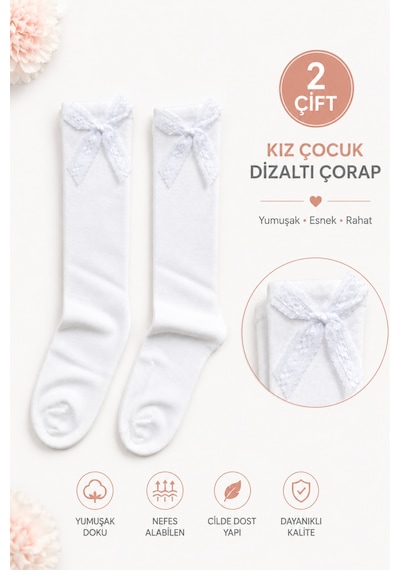 Tibo 2 Çift Burun Dikişsiz Kız Çocuk Kurdeleli Dizaltı Çorap Beyaz