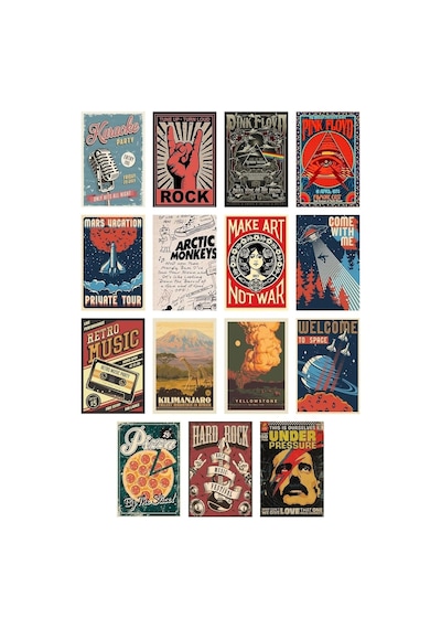Postifull Retro Poster Seti - Kolaj Seti - Oda Dekoru - Duvar Posteri - Yapışkanlı - Duvar Dekoru - 60 Adet