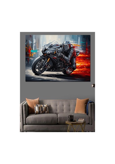 Ateşli Yolda Süratli Yarış Motoru Yağlı Boya Dokulu Kanvas Tablo Canvas Tablosu