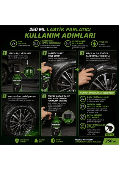 Akgüneş Motogaraj Lastik Parlatıcı Uv Korumalı, Kayma Yapmayan Profesyonel Lastik Bakım Ürünü 250ml