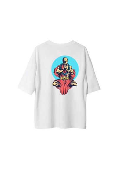 Paybuy Kadın Oversize Meditasyon Figürü Baskılı Tişört %100 Pamuk Rahat Beyaz