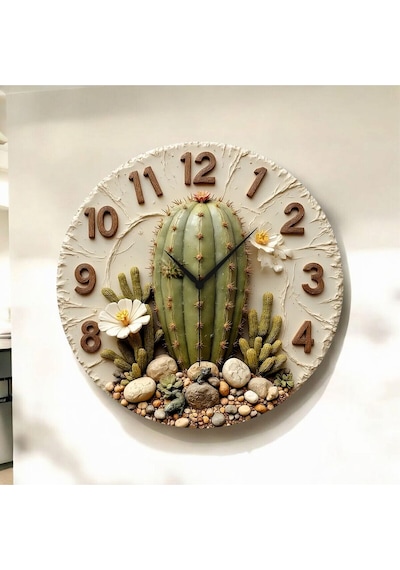 AA Shop Renkli Baskı Kaktüs Bitki Desenli Sayılı Hediyelik Ahşap Sessiz Duvar Saati 50cm ÇOk Renkli