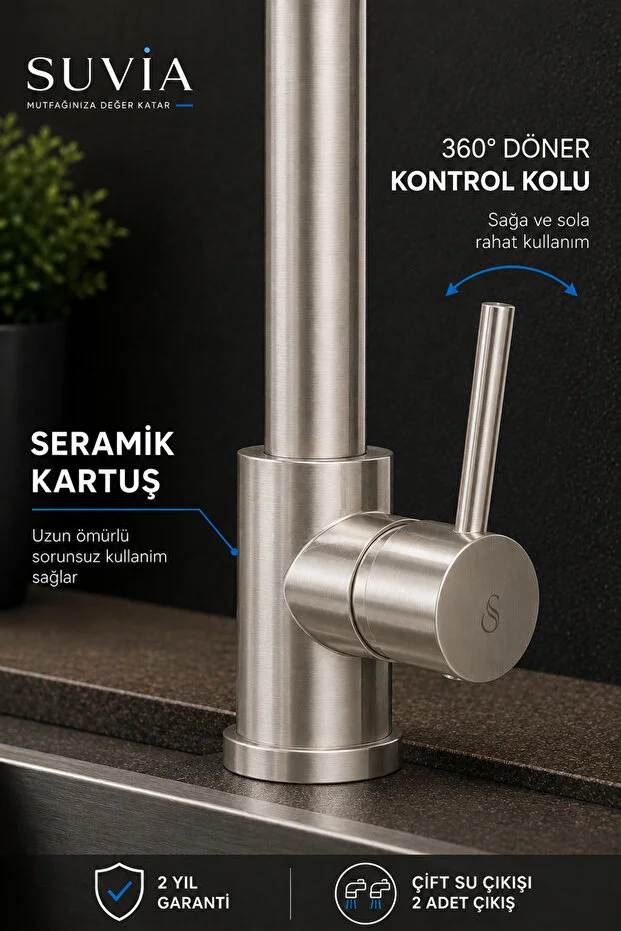 Endüstriyel Mutfak Bataryası Profesyonel Yaylı Spiralli Çift Su Çıkışlı Esnek Eviye Musluğu Inox