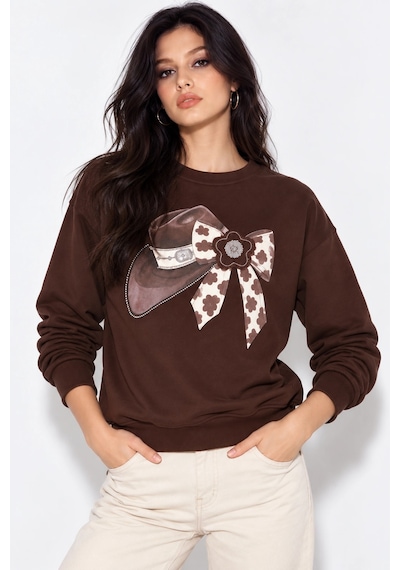 Mevese Kadın Taş İşlemeli Fiyonk Baskı Oversize Üç İplik Rahat Kesim Sweatshirt - Acı Kahve Kahverengi