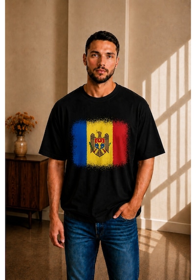 Sngl Tekstil Erkek Oversize Moldova Bayrak Baskılı Kısa Kollu Tişört S M L Xl 2xl Siyah