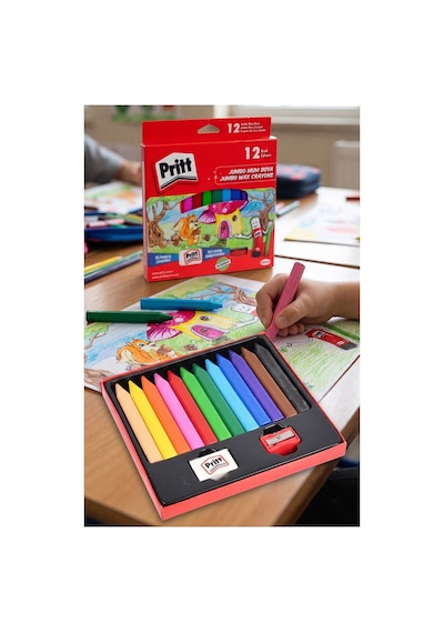 Jumbo Üçgen Mum Boya 12 Li 1 Paket Pritt 12 Renk Üçgen Mumboya Elleri Kirletmeyen Yıkanabilir Silinebilir Karton Kutu Çok Renkli