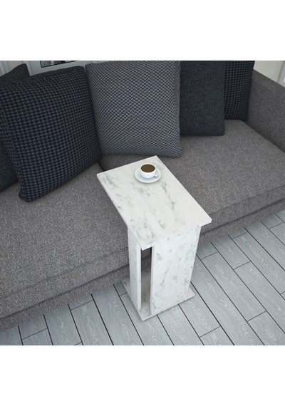 Pasific Home Single Çok Amaçlı Tekerlekli C Sehpa ,Koltuk Sehpası - Beyaz Mermer