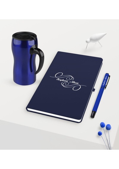 Kişiye Özel İsimli Lacivert Defter Kalem Mavi Termos Mug Seti - 3