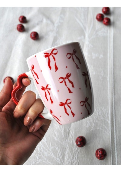 1 Adet Kurdeleli Kupa Seramik Çay Kahve Kupası 330 Ml Kurdele Sevgililer Günü Pembe