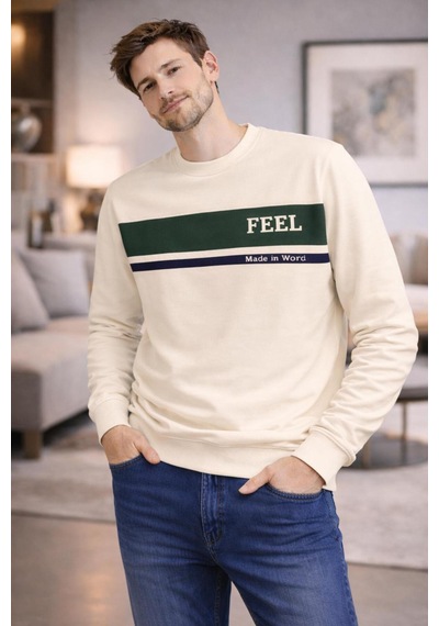 The Feel Marcel Erkek Dar Kesim Flim Fit Bisiklet Yaka Desenli Kazak Krem