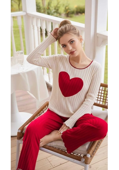 Bella Notte Kırmızı Nakışlı Kalp Detaylı Uzun Kollu Pijama Takımı