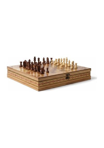 El Yapımı Lüks Nakış İşlemeli Doğal Ahşap Sandıklı Premium Satranç Takımı 45x45 Cm. Hediyelik Set 2