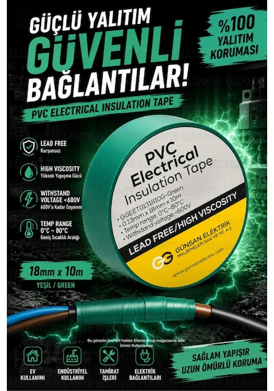 Yeşil Profesyonel Pvc Elektrik Bandı 18mm X 10m Güçlü Yapışkanlı, 600v Dayanımlı, Esnek İzolasyon